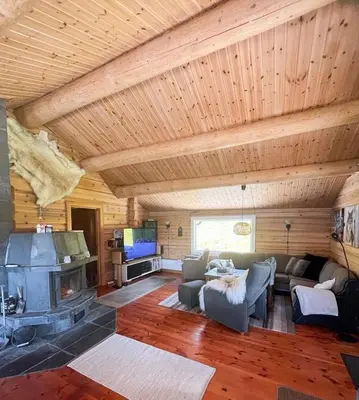 a living room with a couch and a fireplace at Mountain Cabin By Hundsåvatnet With Large Veranda in Søvassli