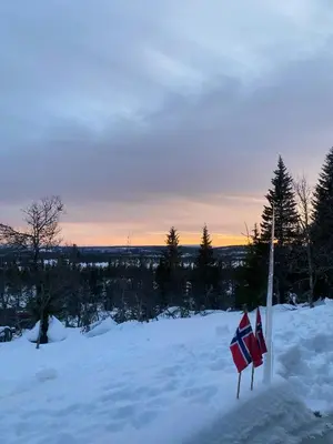 two flags in the snow in a snowy field at New Cabin With Mountain View In Bittermark, Trysil in Trysil