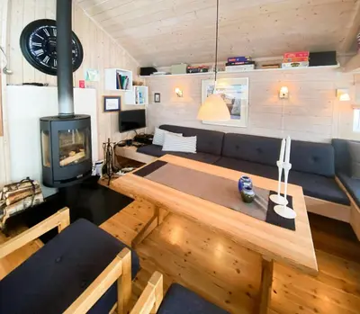 a living room with a couch and a fireplace at Modern Mountain Cabin Near Hiking Terrain in Geilo