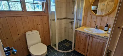 a bathroom with a toilet and a sink at Charming Cabin With Views In Valdres in Aurdal