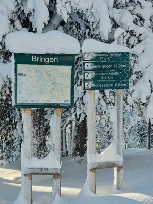 two street signs in the snow with snow covered trees at Modern Cabin With Panoramic View On Bringsfjellet in Lalm
