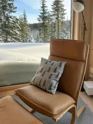 a chair with a pillow in front of a window at Fantastic Forest Cabin With Panoramic View in Jaren