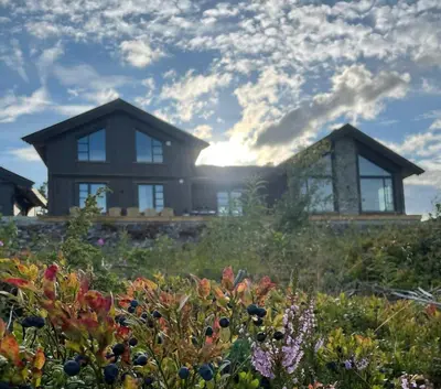 a house on a hill with a field of flowers at Adventure And Relaxation In Voss in Vossevangen