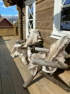 a group of animals laying on the porch of a house at Rustic Log Cabin At The Foot Of Hardangervidda in Uvdal