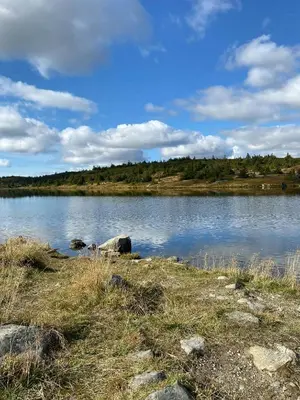 a large body of water with rocks and grass at Charming Cabin With Fantastic View In Sjusjøen in Sjusjøen