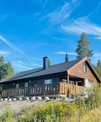 a large wooden house with a black roof at Family Cabin With Ski Inout At Furutangen in Vika