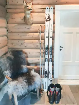 a pair of skis and ski poles next to a wall at Mountain Cabin With A View Over Jotunheimen in Tretten