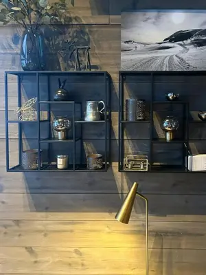a black book shelf with a brass trophy in a room at Cabin With Panoramic And Ski Trails Outside in Rauland