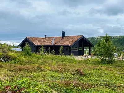a house sitting on top of a grassy hill at Cabin With Award-Winning Design On Norefjell in Eggedal