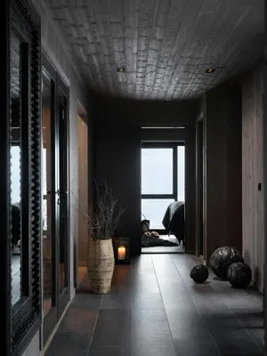 a living room with a vase on the floor at Unique & Exclusive Mountain Cabin In Geilo in Geilo