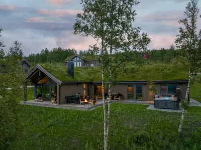 a sustainable house with a green roof at Unique & Exclusive Mountain Cabin In Geilo in Geilo