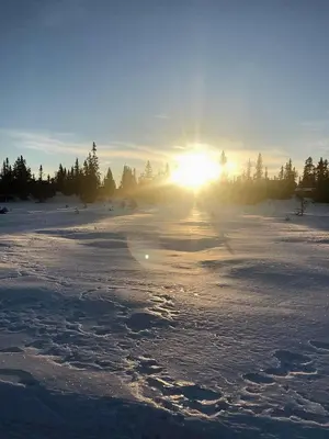 a snow covered field with the sun in the background at Modern Family Cabin At Sjusjøen in Sjusjøen