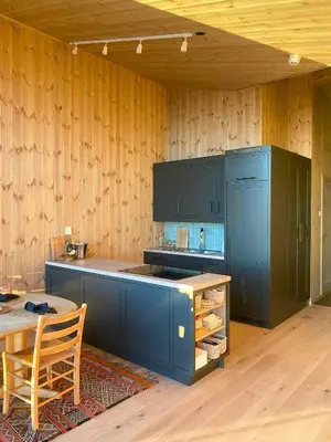 a kitchen with blue cabinets and a wooden wall at Stay At Norefjell, Ski-Inout And Panorama in Noresund