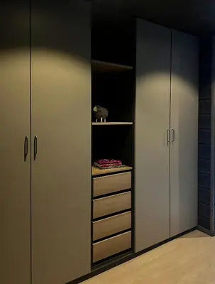 a closet with white cabinets and a cat on a shelf at Idyllic Cabin With Panoramic Mountain Views in Nerskogen
