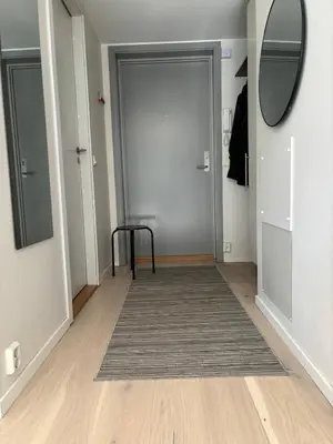 a hallway with a door and a mirror and a rug at Penthouse in Trondheim, Solsiden in Trondheim