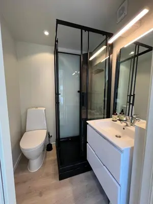 a bathroom with a shower and a toilet and a sink at Cozy studio near Bergen in Bergen