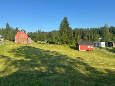 a large shadow of a tree on a field with a red barn at Turifoss Camping Tent pitch in Svedjan