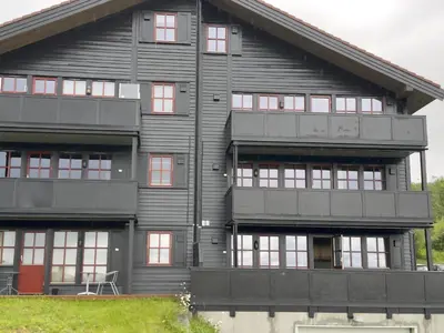 a large wooden building with a lot of windows at Homey Apartment Steps From Dining And Activities! in Beitostøl
