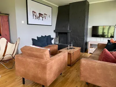 a living room with brown furniture and a fireplace at Charming 2-Bedroom Apartment In Beitostølen in Beitostøl