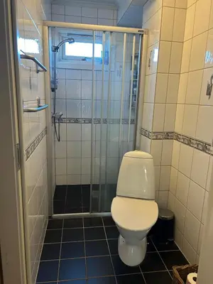 a bathroom with a toilet and a shower at Horizontal half at Byaasen in Trondheim