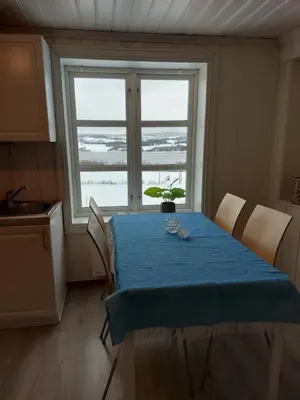a dining room with a blue table and a window at Huset med utsikt til innsjøen -8 min til Gjøvik sentrum in Gjøvik