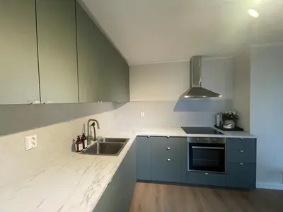 a kitchen with a sink and a stove at Newly renovated apartment for rent in Stjoerdal