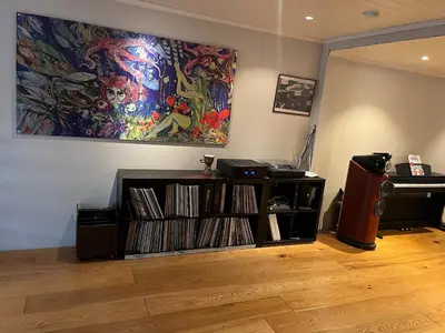 a living room with a piano and a shelf with dvds at Older Villa with large garden in Trondheim
