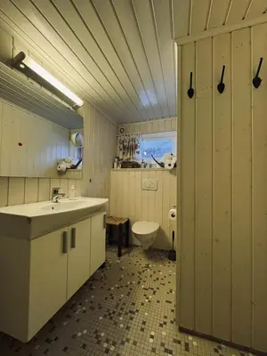 a bathroom with a sink and a toilet at Charming Cabin Near Hallingskarvet Ski Center, Cozy and Inviting! in Skoro