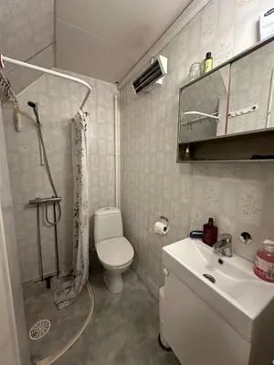 a bathroom with a shower and a toilet and a sink at Kystperle med utsikt, lei en båt in Namsos