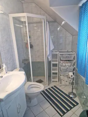 a bathroom with a shower and a toilet and a sink at Sentrumsnær stor leilighet in Trondheim