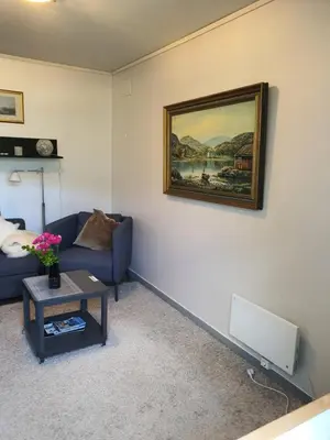 a living room with a couch and a painting on the wall at Hardangerfjord panorama 2 in Kvam