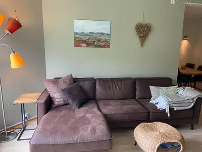 a living room with a brown couch and a table at Actif 318 apartment - close to ski slopes in Ål in Ål