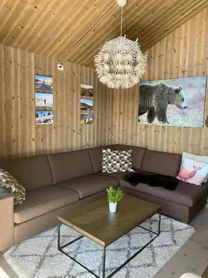 a living room with a brown couch and a table at Sjusjøen Hytteutleie AS in Sjusjøen