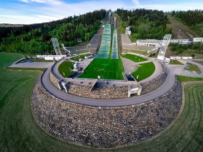 an aerial view of a park with a green lawn at Bright and nice downtown apartment in Lillehammer