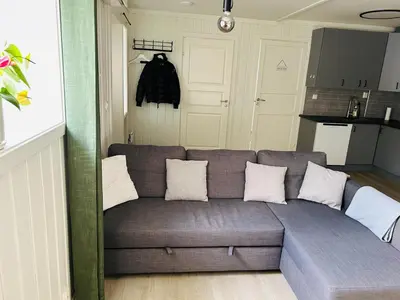 a living room with a couch in a kitchen at Bright and nice downtown apartment in Lillehammer
