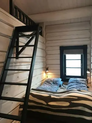 a bedroom with a bunk bed and a ladder at Spacious Mountain Cabin With Lodge Style In Oppdal in Oppdal