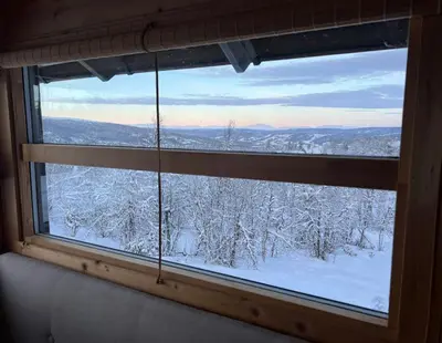 a window with a view of snow covered trees at Ålhytte Near Vasetvannet in Ron