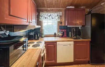 a kitchen with wooden cabinets and a black refrigerator at 2 Bedroom Pet Friendly Home In Rendalen in Rendalen