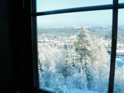 a window view of a tree covered in snow at Trysil turistesenter hytte in Trysil
