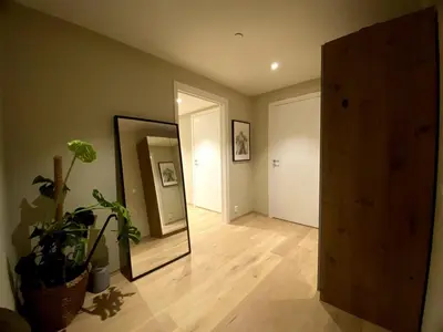 a hallway with a mirror and a potted plant at Modern, big and central apartment in Trondheim in Trondheim