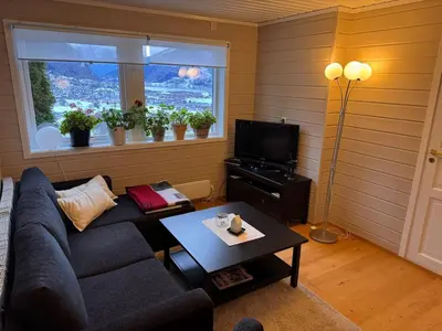a living room with a couch and a table at 2 roms kjellerleilighet med separat soverom in Luster