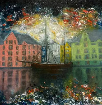 a painting of a boat in the water with buildings at Elegant Three-Bedroom Apartment with Stunning Sea Views - Limited availability - Secure your booking for Summer in Ålesund