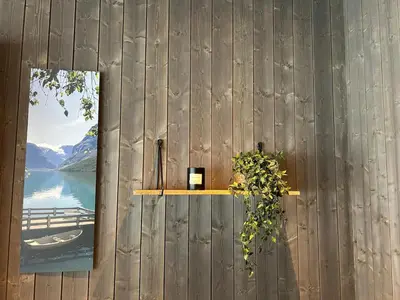 a plant on a wall with a picture of a lake at Lovely apartment in beautiful Loen in Loen