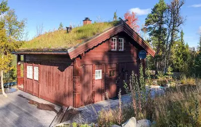 a log cabin with a grass roof on top of it at Beautiful Home In Rjukan With Wifi in Rjukan