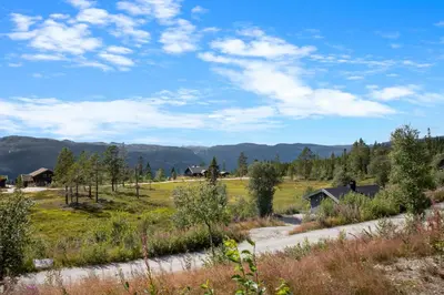 a road in a field with mountains in the background at Modern Family Cabin at Norefjell - Views and Hiking in Eggedal