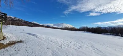 a snow covered hill with footprints in the snow at Haugen Gård in Oppdal