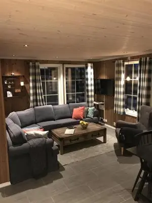 a living room with a couch and a coffee table at Trysilmountainlodge in Hovi