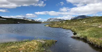 a river in a field with mountains in the background at Siribu in Vågsli