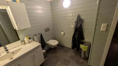 a bathroom with a toilet and a sink and a mirror at Flott hytte i Vistdal, Romsdal in Myklebostad
