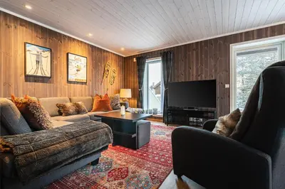 a living room with a couch and a television at Harmony in Geilo, modern and cozy cabin with jacuzzi in Geilo
